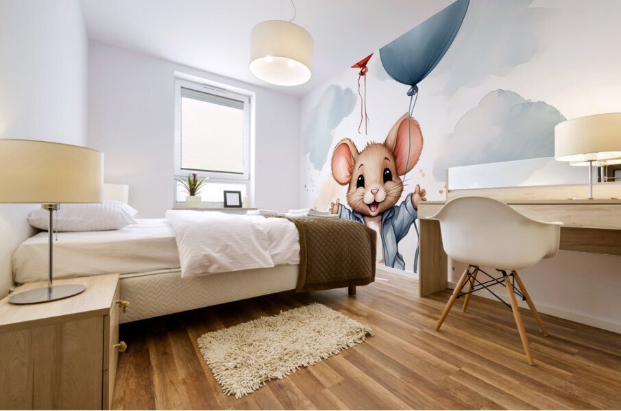 Adorable Mouse Floating with Balloons Mural print