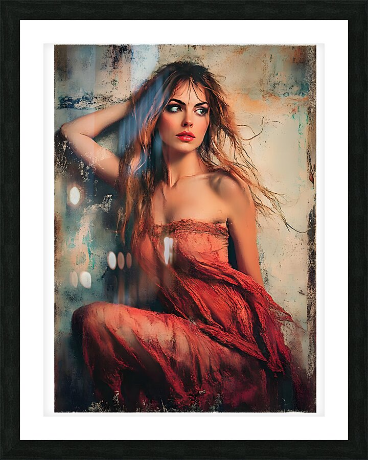 Ethereal Beauty: Woman in Flowing Red Dress Picture Frame print