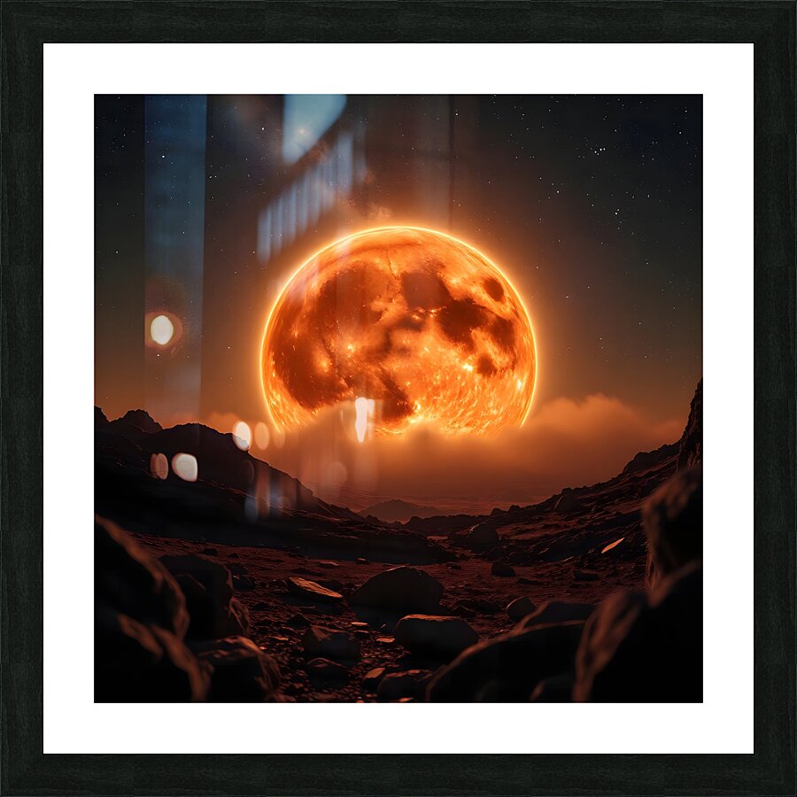Fiery Orange Moon over Rocky Landscape Picture Frame print