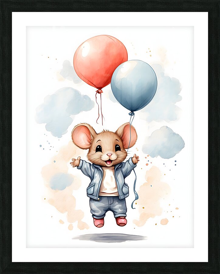 Adorable Mouse Floating with Balloons Picture Frame print