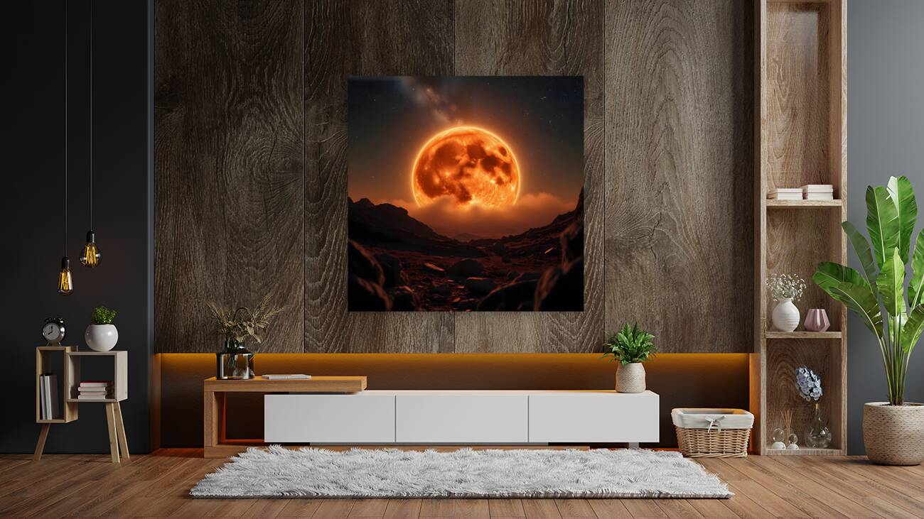 Fiery Orange Moon over Rocky Landscape Reproduction