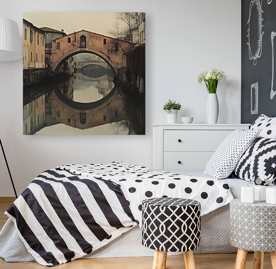 Rustic Arched Bridge with Serene Reflection Reproduction
