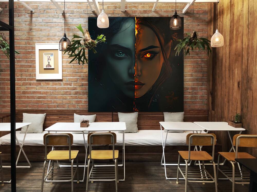 Fiery Split Personality Portrait Reproduction