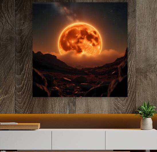 Fiery Orange Moon over Rocky Landscape by Fab Haven