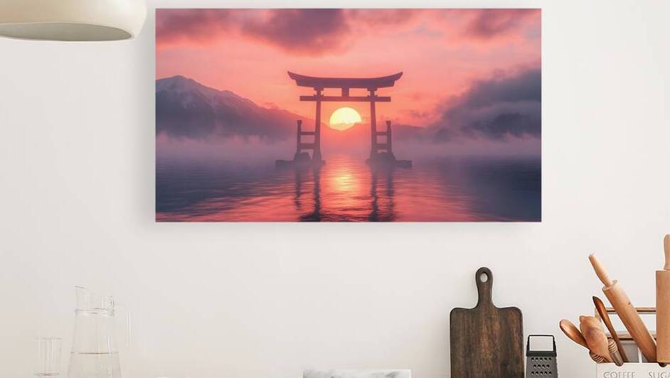 Serene Sunrise Over Japanese Torii Gate by Fab Haven