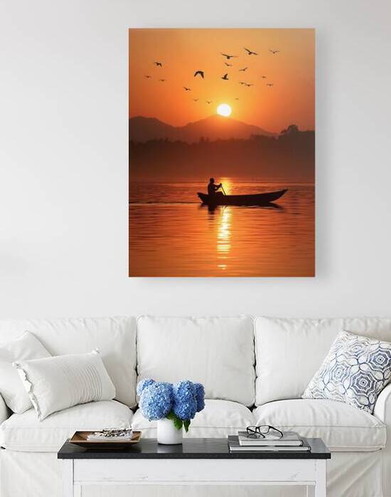 Serene Sunset with Rowboat Silhouette by Fab Haven