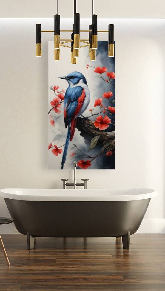 Blue and Red Bird on Blossoms by Fab Haven