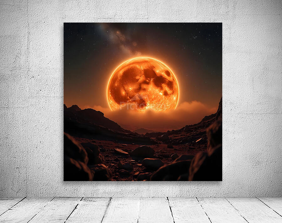 Fiery Orange Moon over Rocky Landscape Wall Preview