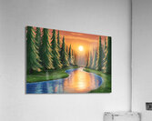 Pine forest and river at sunset Acrylic Print
