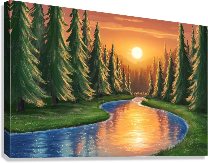 Pine forest and river at sunset Canvas Print