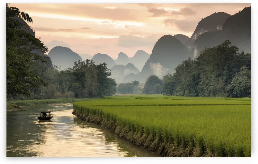 Rice field along river with limestone mountains b by Liviu Ghitun
