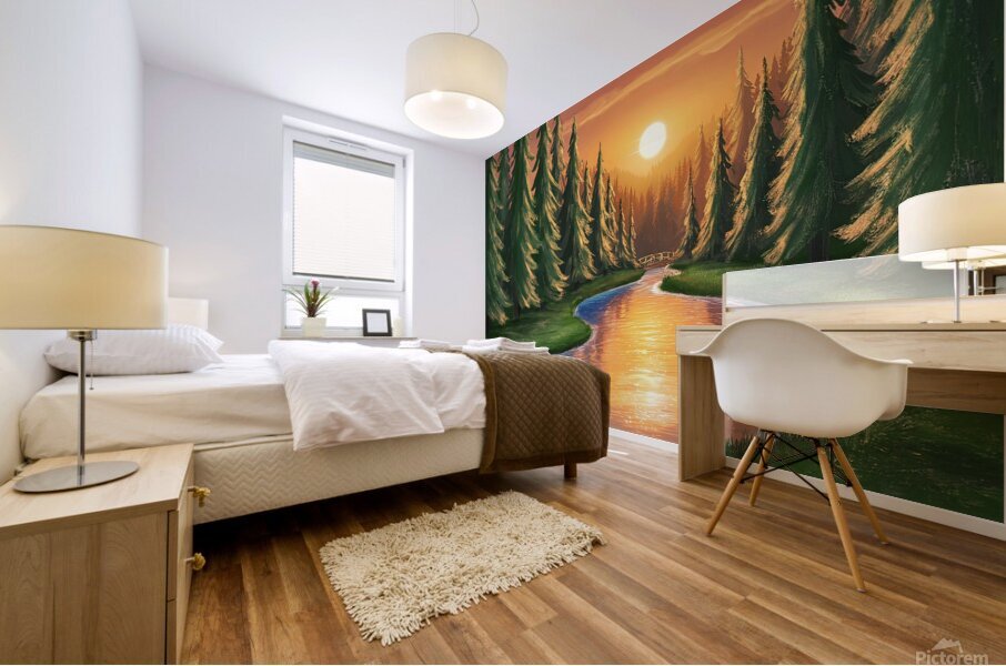 Pine forest and river at sunset Mural print