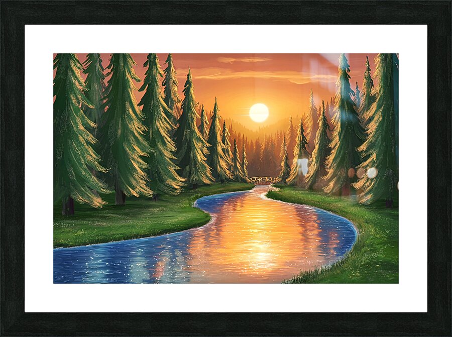 Pine forest and river at sunset Picture Frame print
