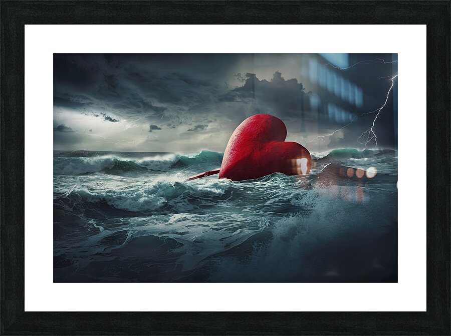 Large Red Heart Precariously Drifting In Tumultuo Picture Frame print
