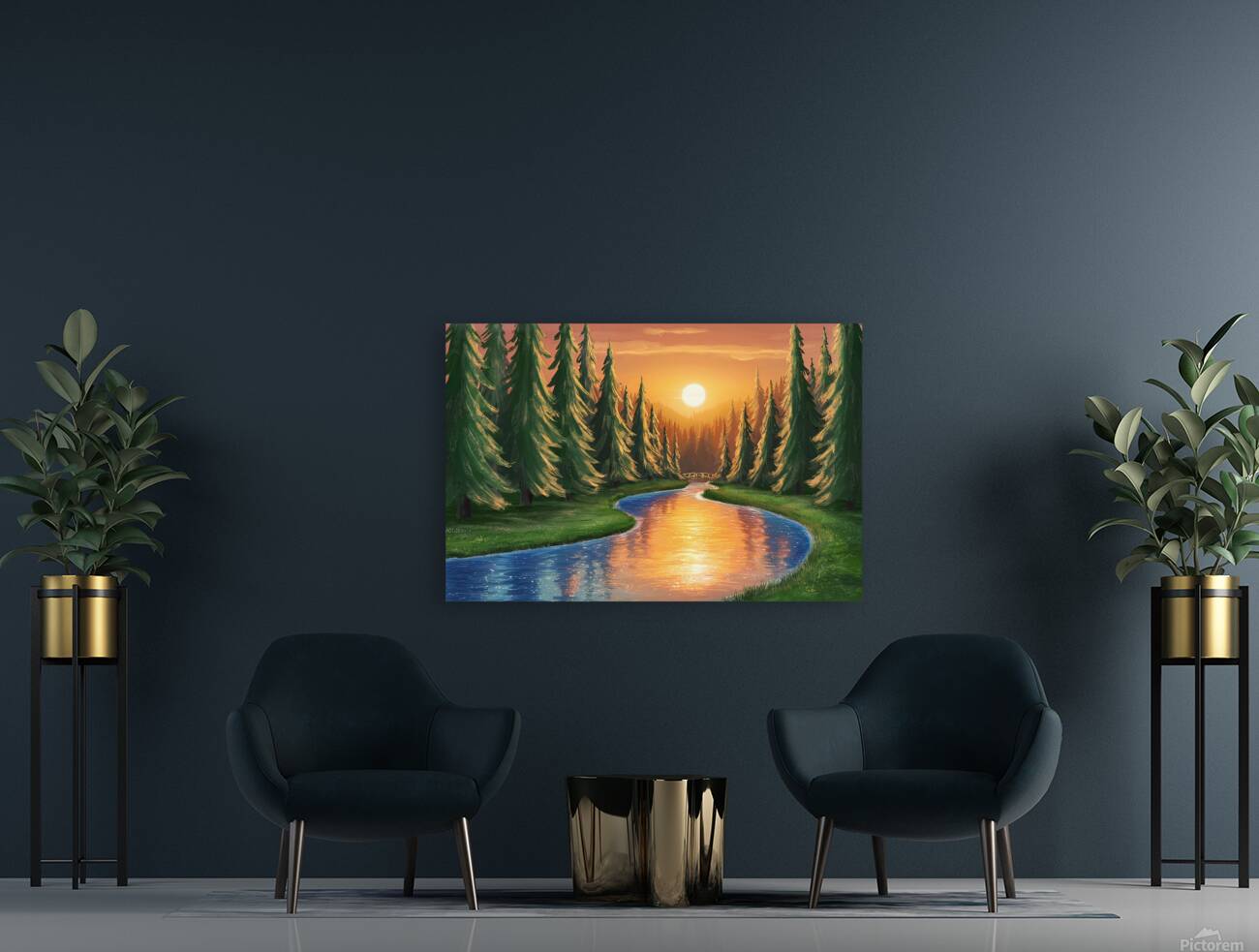 Pine forest and river at sunset Reproduction