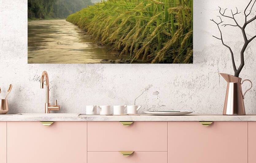 Rice field along river with limestone mountains b 1722668821.1225 by Liviu Ghitun