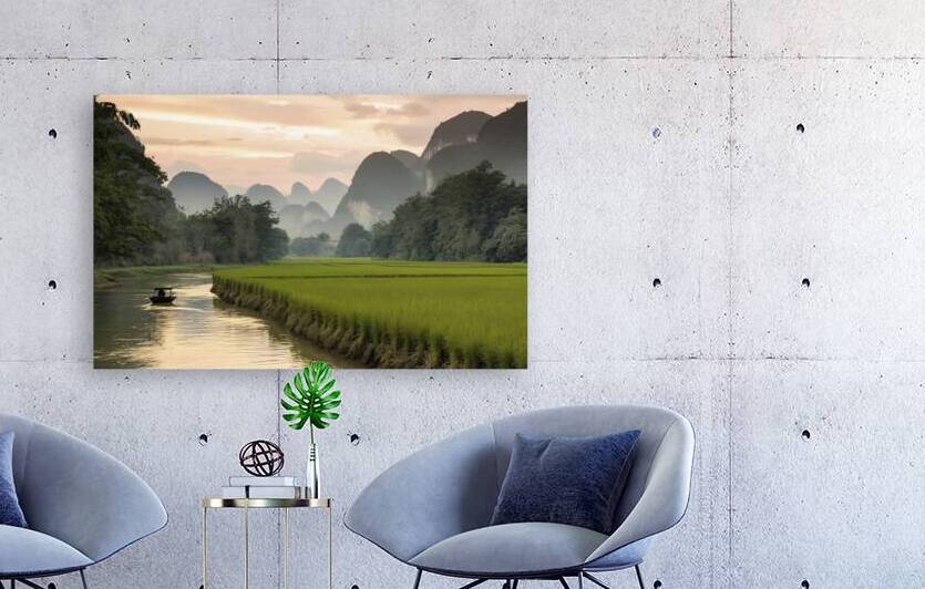 Rice field along river with limestone mountains b by Liviu Ghitun