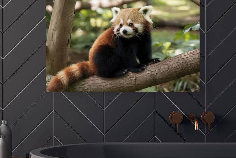 Red panda on the tree. Cute panda bear in forest by Liviu Ghitun