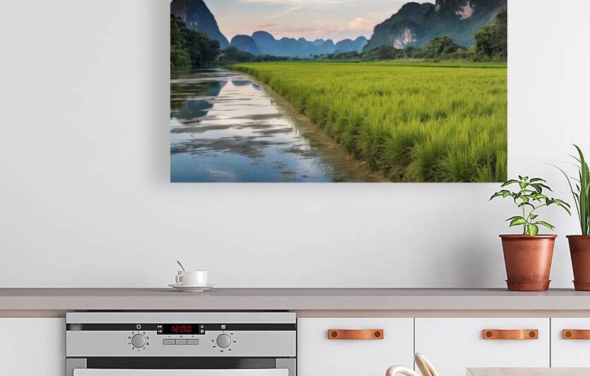 Rice field along river with limestone mountains b 1722668821.2243 by Liviu Ghitun