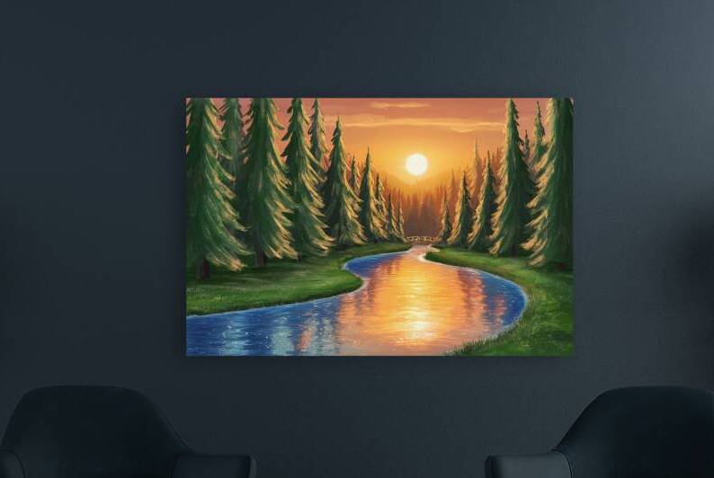 Pine forest and river at sunset by Liviu Ghitun