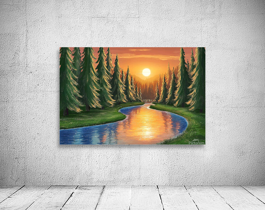 Pine forest and river at sunset Wall Preview
