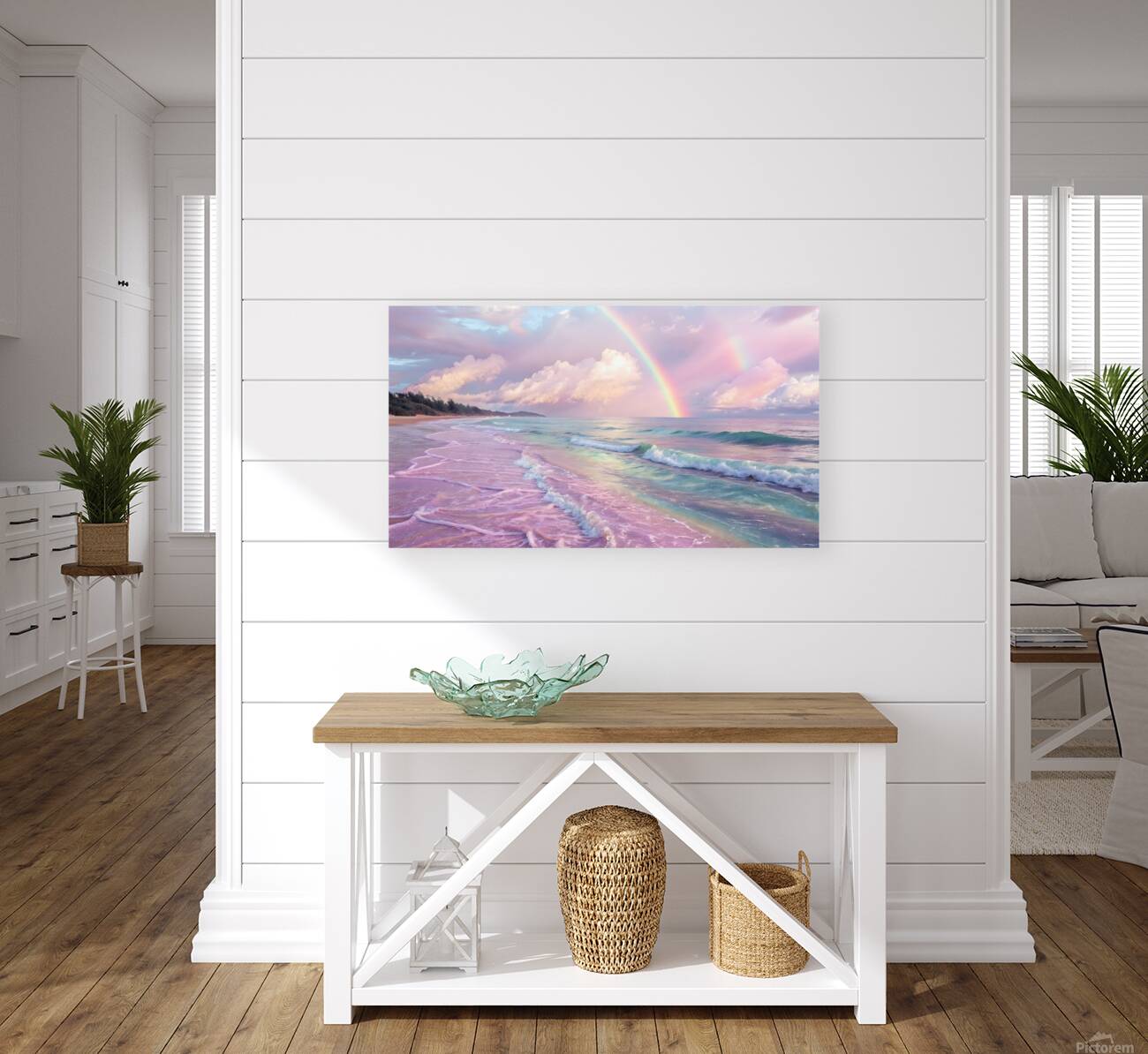 rainbow over serene beach	 Reproduction