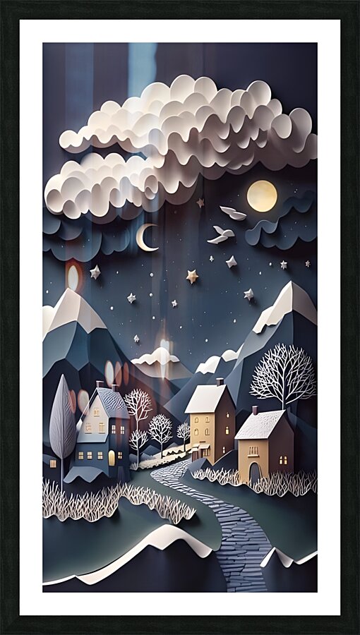 paper cut of a snowy landscape with houses Picture Frame print