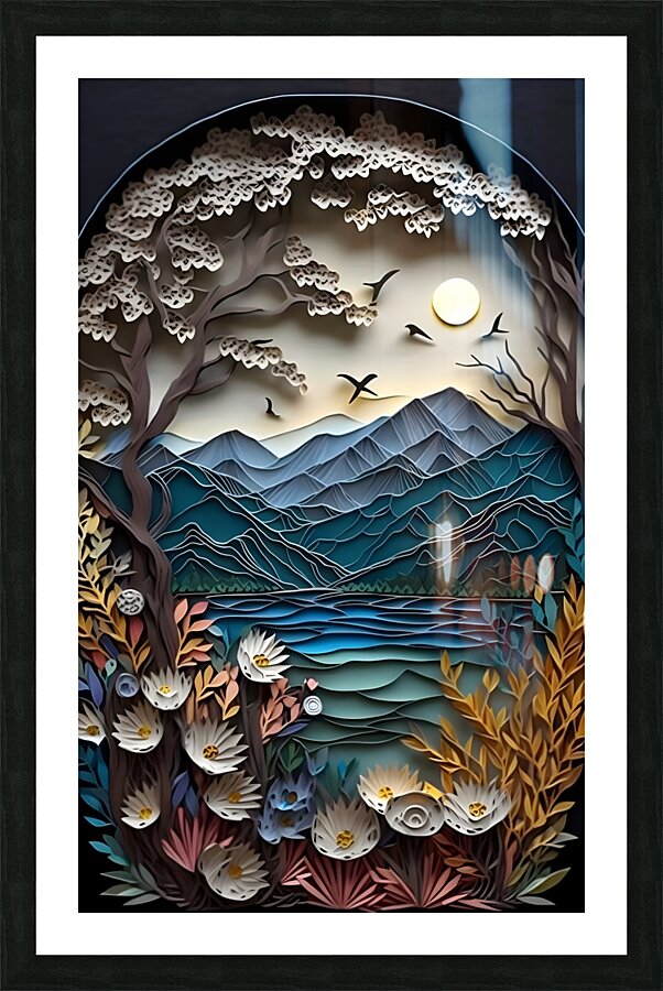  paper cut of a landscape with trees and flowers Picture Frame print