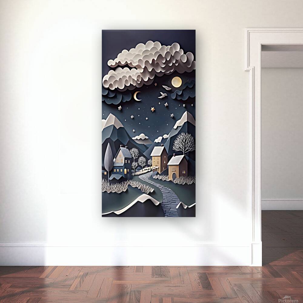 paper cut of a snowy landscape with houses Reproduction