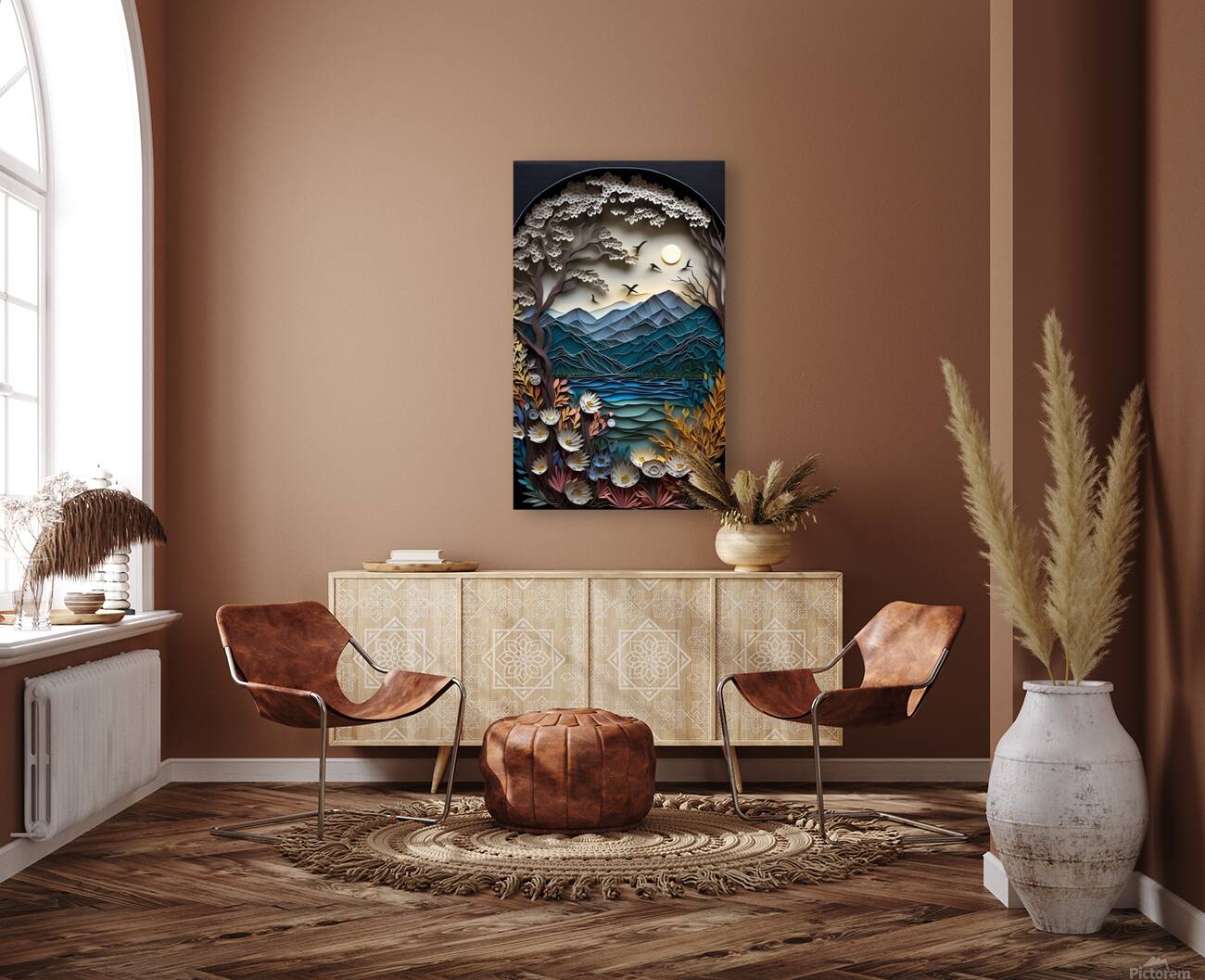  paper cut of a landscape with trees and flowers Reproduction