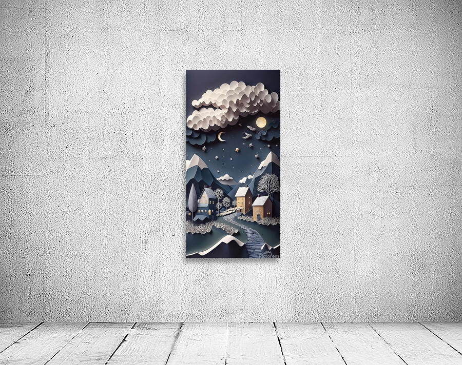 paper cut of a snowy landscape with houses Wall Preview