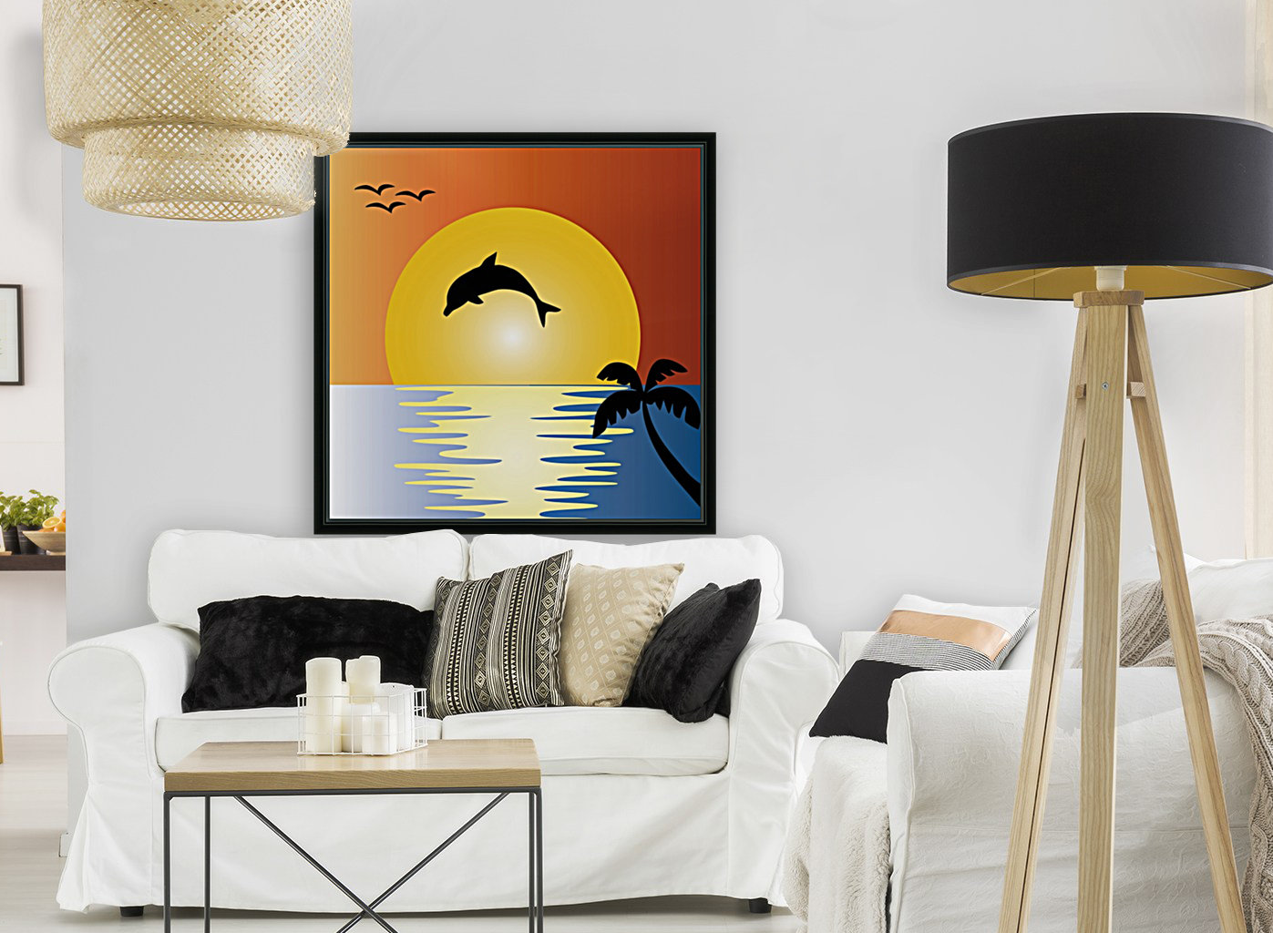 ocean sunset dolphin palm tree Reproduction