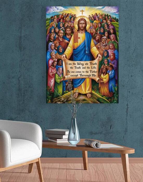 A vibrant and colorful painting of Jesus Christ surrounded by a multitude of people from various backgrounds by mohamedelfaleh