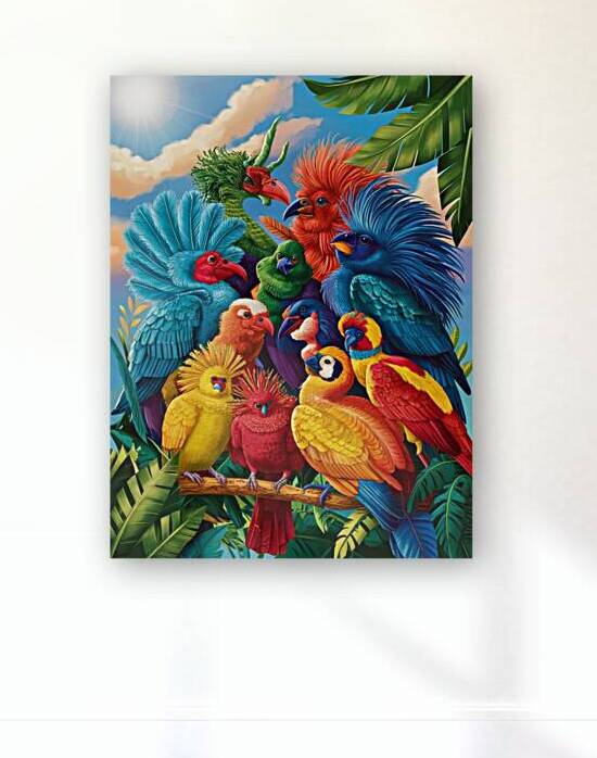 A vibrant and colorful illustration of various exotic birds gathered together.  by mohamedelfaleh