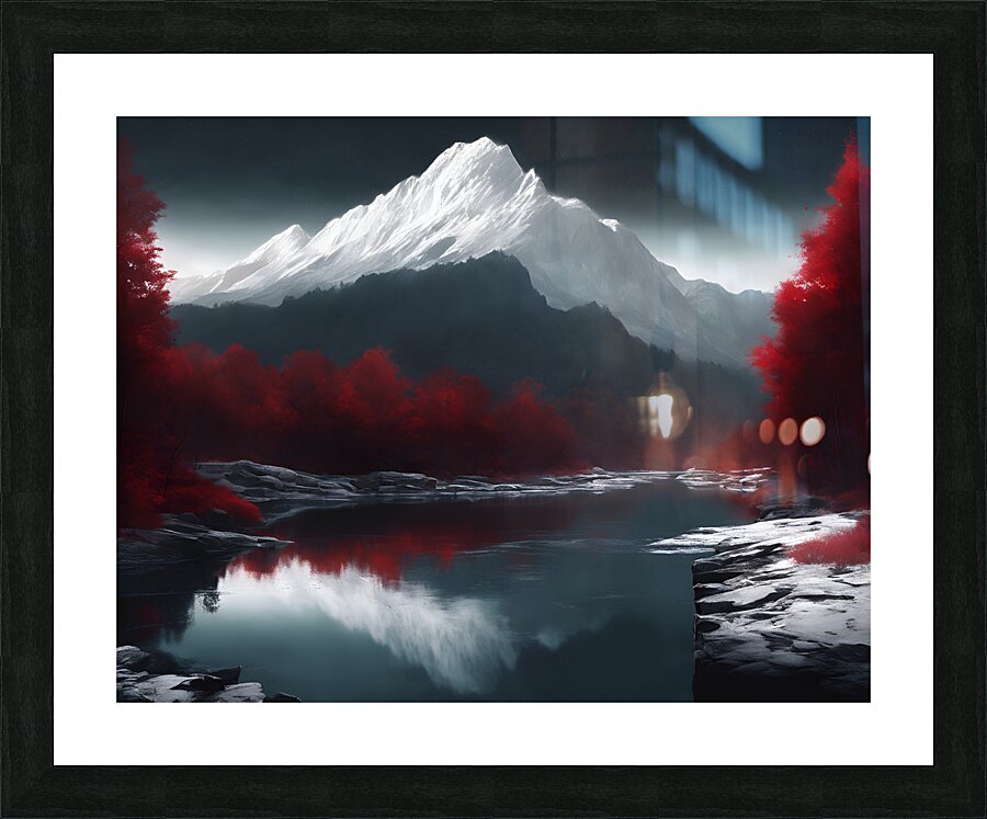 Red woods and white snowy mountain Picture Frame print