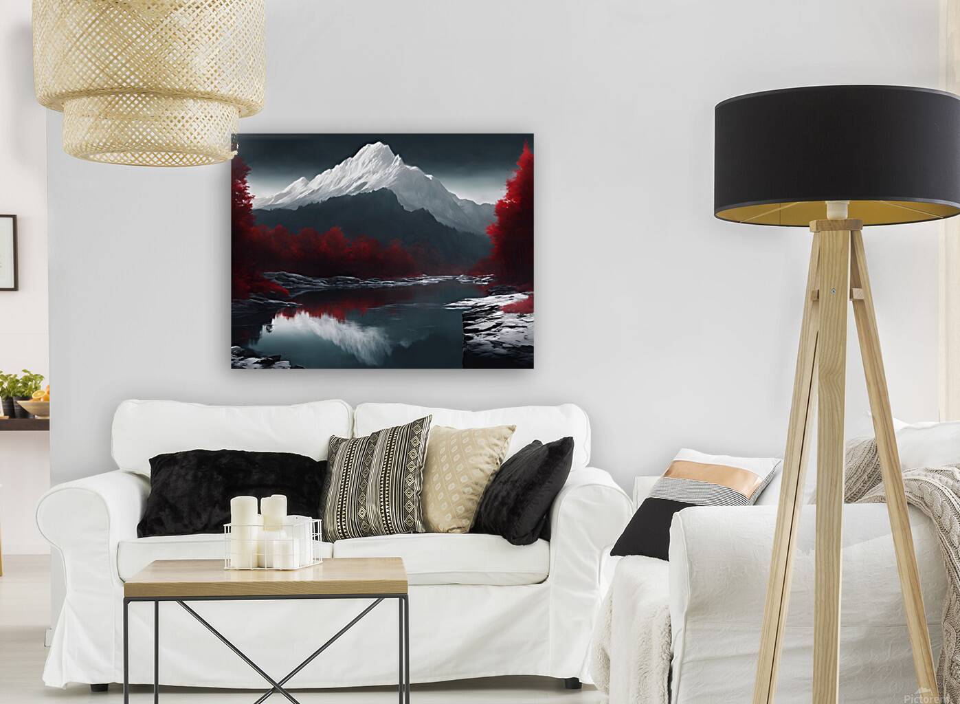Red woods and white snowy mountain Reproduction