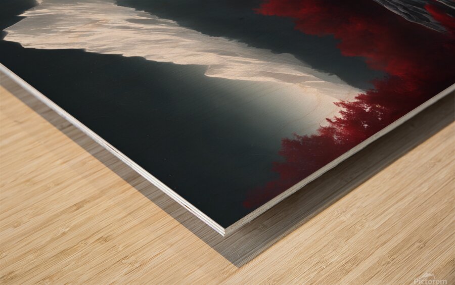 Red woods and white snowy mountain Wood print