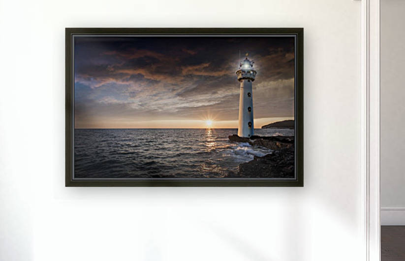 lighthouse, glow, evening, sunset, ocean, sea, horizon, distant, atmospheric, darkness, light, gloomy, composing, by fabartdesigns