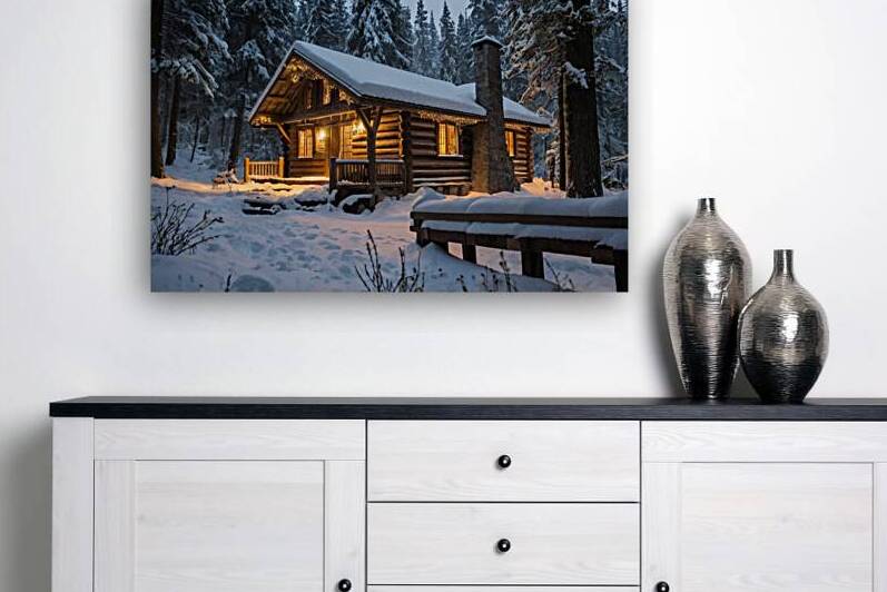Cozy Winter Cabin in a Snowy Forest - Rustic Home Decor Wall Art by Nexanovart