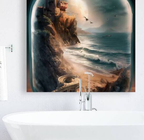An enchanting view of a beach inside a huge glass jar in color by FekraOkhra