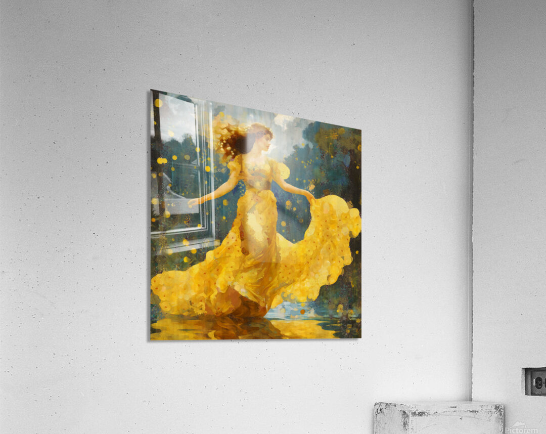 Golden Goddess Dancing in Rain  Radiant Woman in Flowing Yellow Dress by  Sandy Richter Wall Art