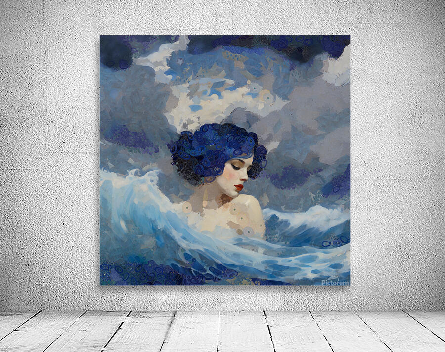 Mystical Ocean Goddess with Blue Hair in Surreal Dreamlike Wave