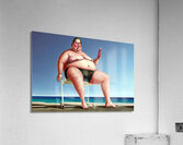 Ridiculous illustration of a man with a big belly on the beach Acrylic Print