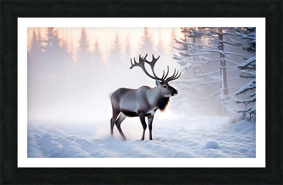 A reindeer searches for grass sprouts in the snow Picture Frame print
