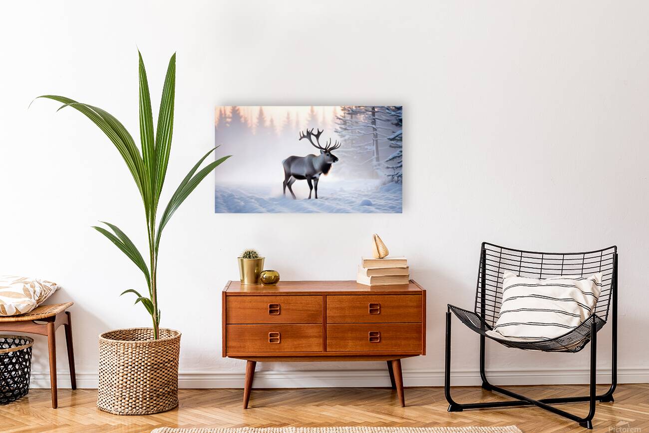 A reindeer searches for grass sprouts in the snow Reproduction