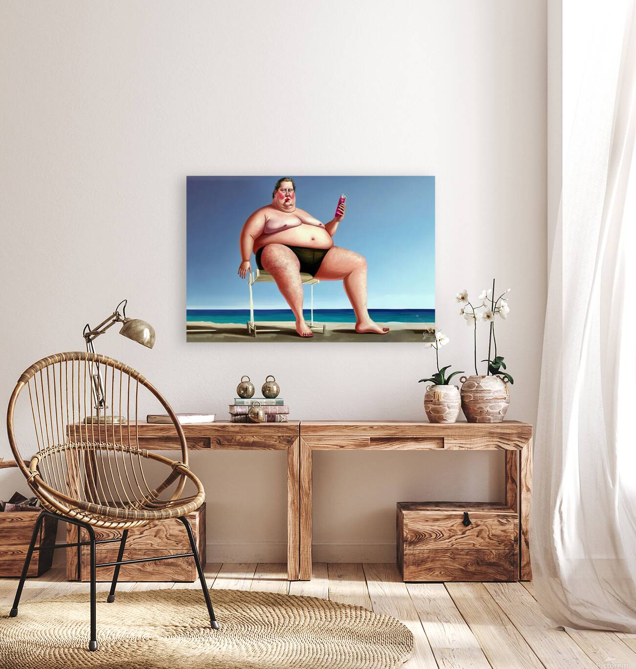 Ridiculous illustration of a man with a big belly on the beach Reproduction