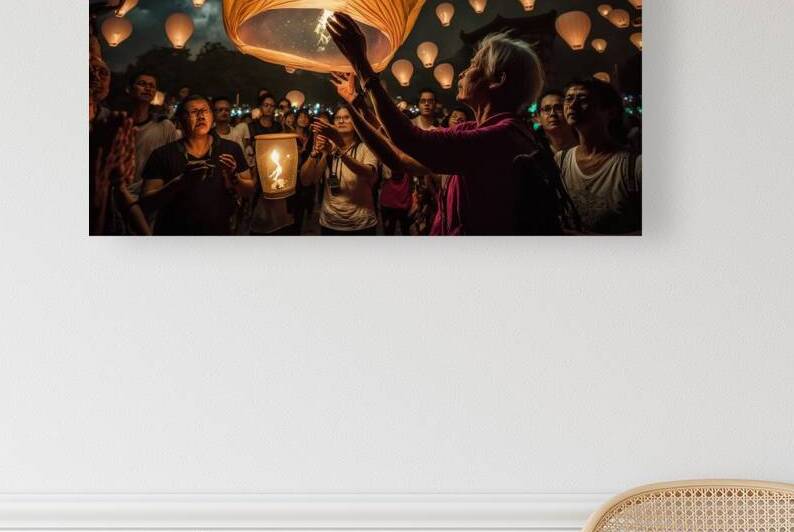 Asian people launch flying paper lanterns during a traditional f by Joaquin Corbalan
