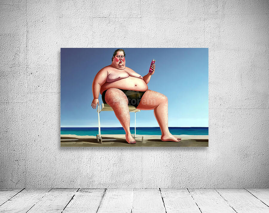 Ridiculous illustration of a man with a big belly on the beach Wall Preview