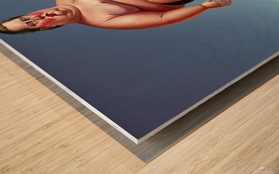 Ridiculous illustration of a man with a big belly on the beach Wood print
