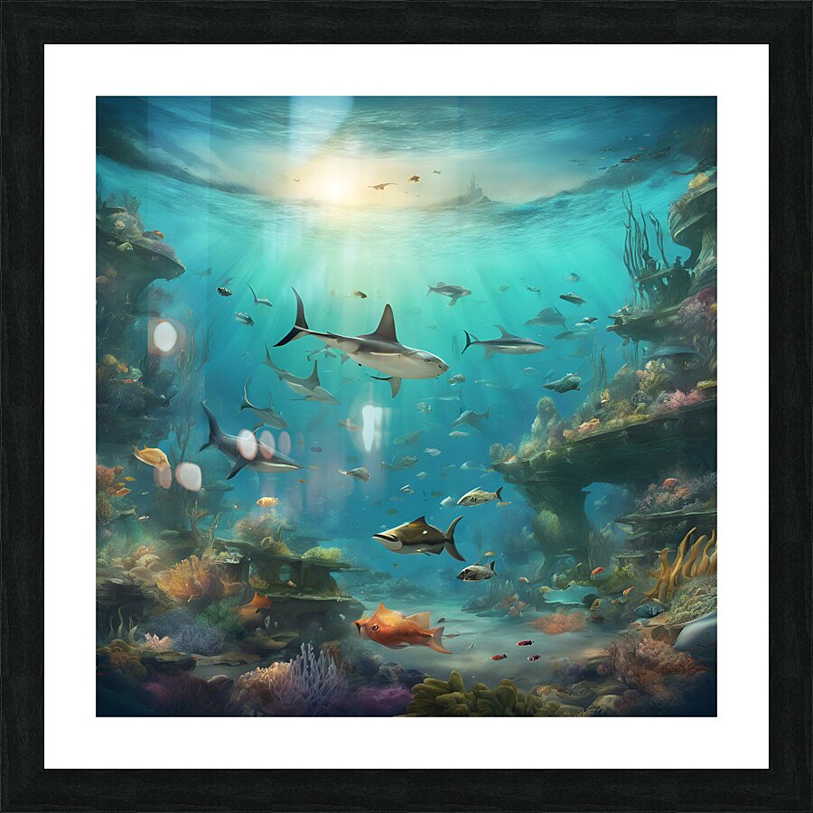 Showcase a vast underwater landscape teeming with various fish Picture Frame print